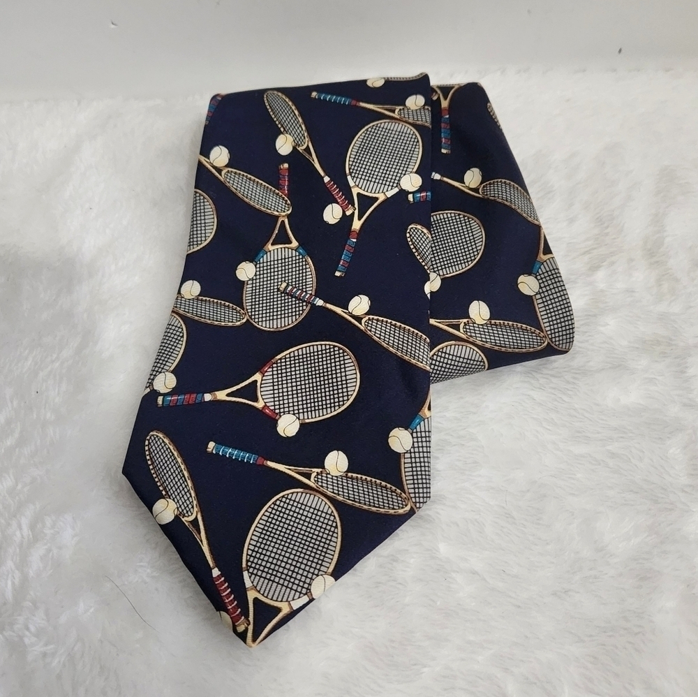 Alynn Neckwear USA Silk Sporty Navy Blue Tennis Rackets Balls Necktie Tie